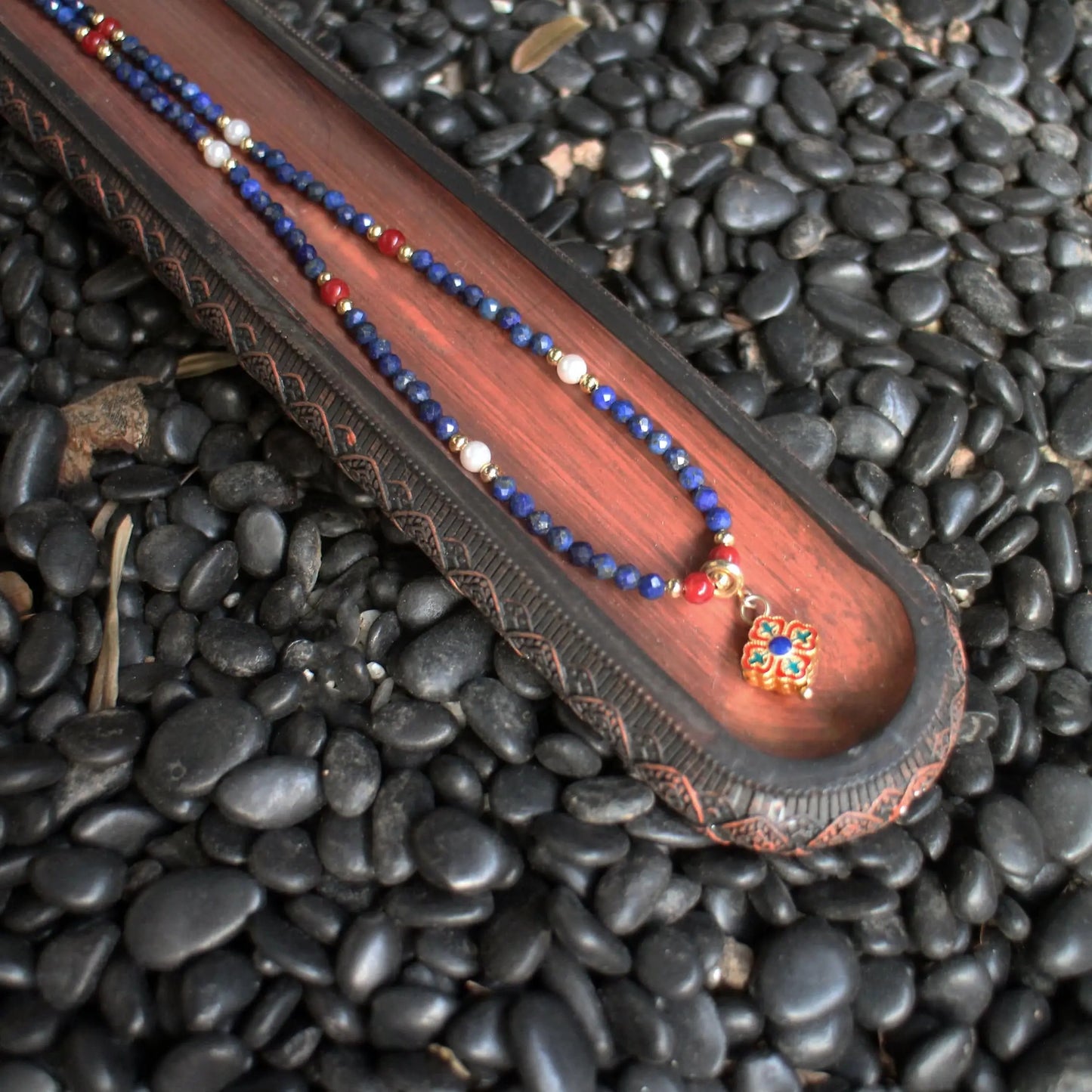 Chinoiserie +  lapis lazuli beaded necklace - Wander + Pray