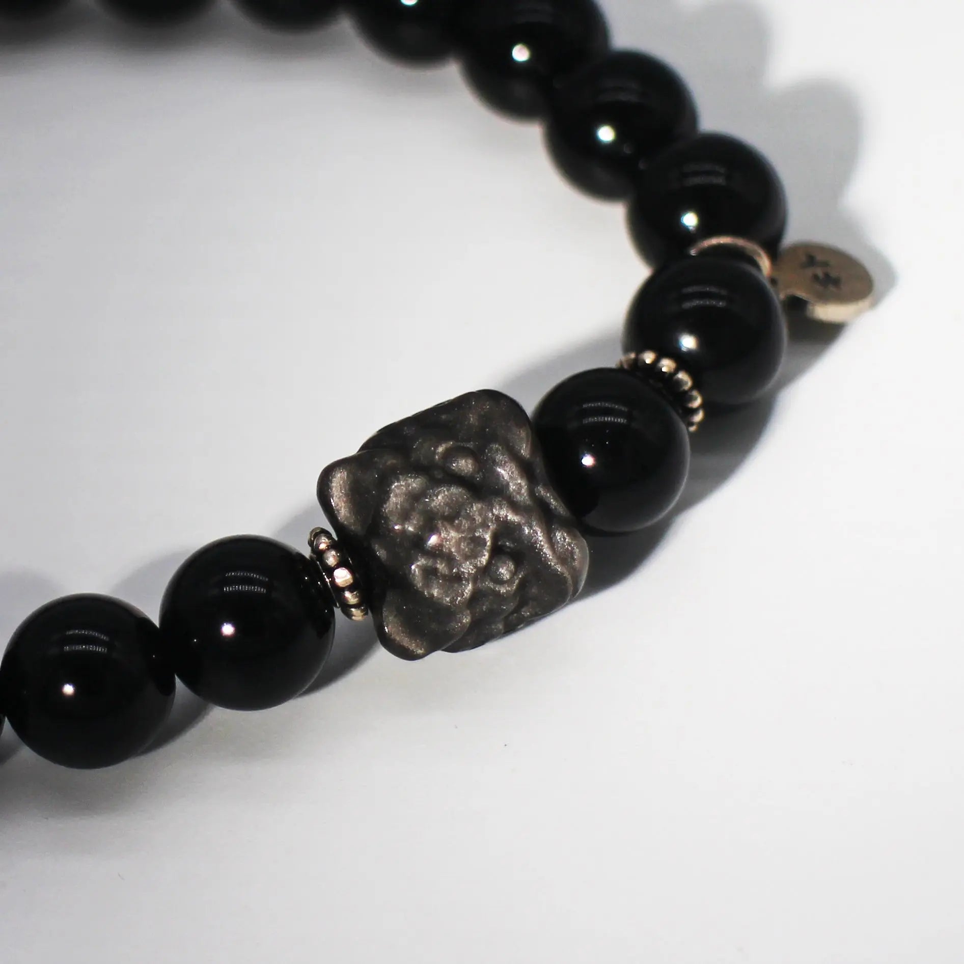 Black Agate beaded bracelet with moonstone - Wander + Pray