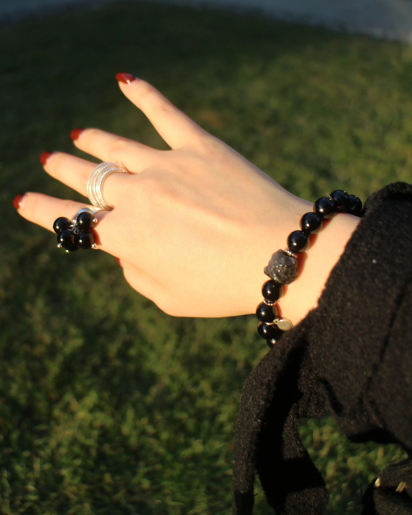 Black Agate beaded bracelet with moonstone Wander + Pray