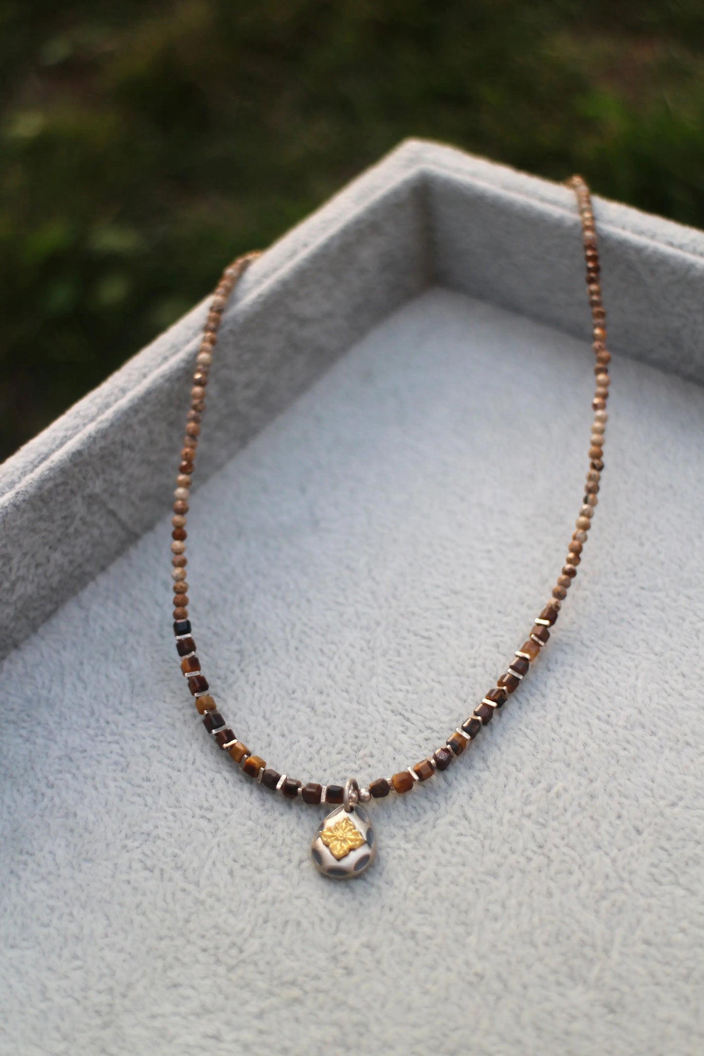 Tiger's Eye Beaded necklace with pendant Wander + Pray