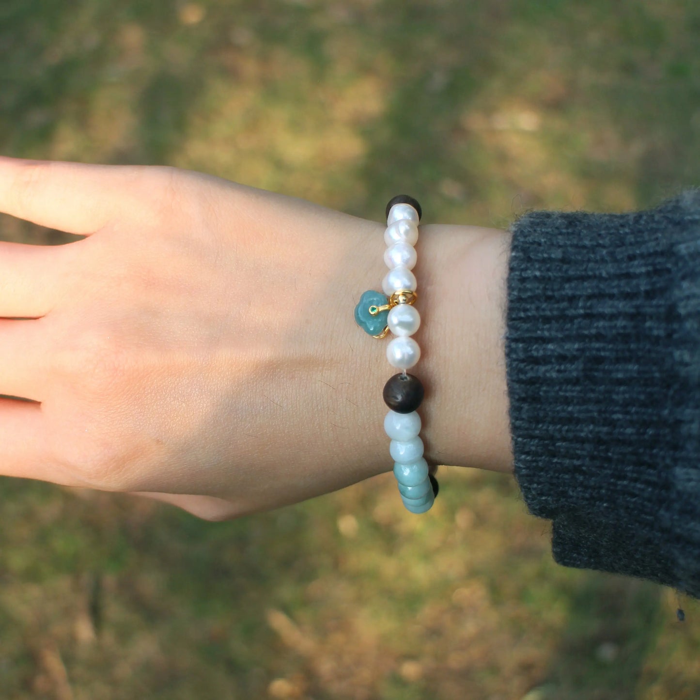 Jade and Pearl beaded bracelet with Sandalwood Wander + Pray