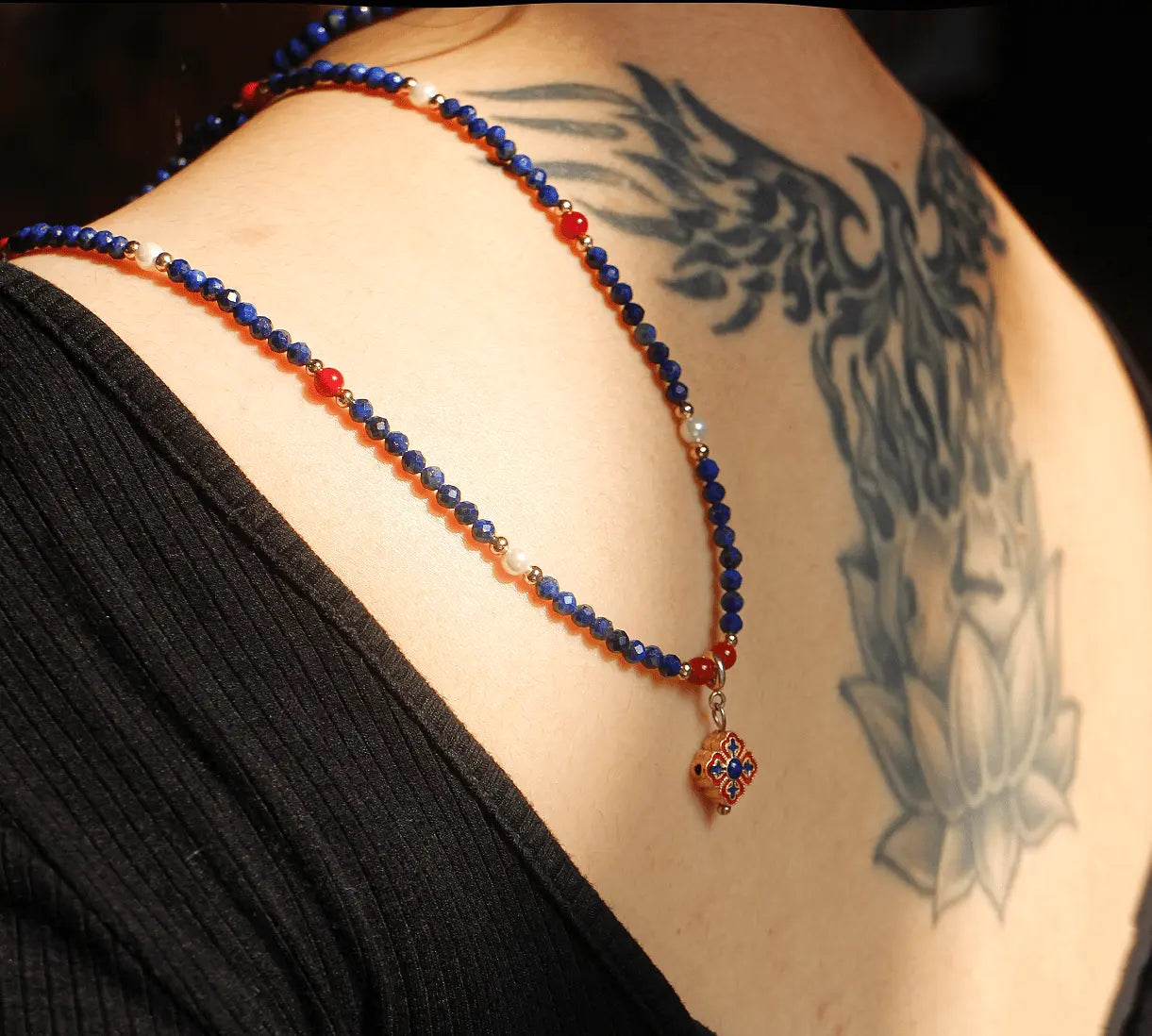 Chinoiserie +  lapis lazuli beaded necklace - Wander + Pray